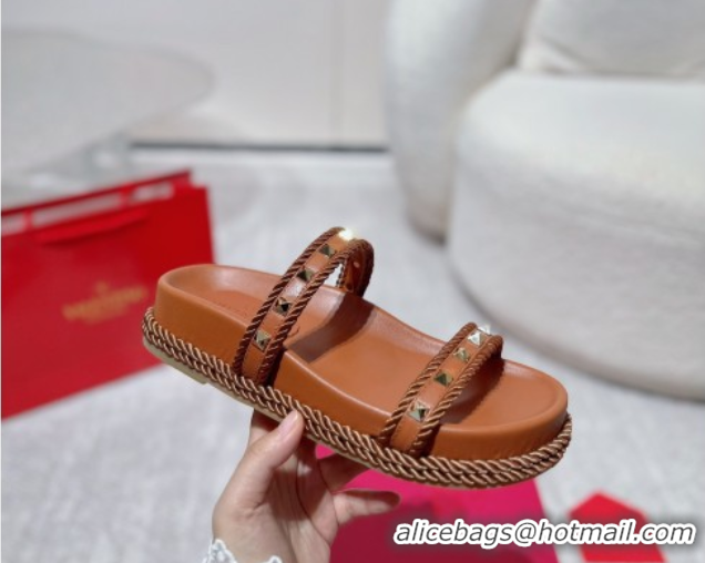 Charming Valentino Rockstud Flat Slides Sandal in Calfskin and Cord Brown2 2025 VLTN042801