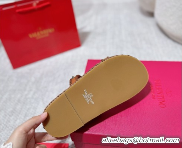 Charming Valentino Rockstud Flat Slides Sandal in Calfskin and Cord Brown2 2025 VLTN042801