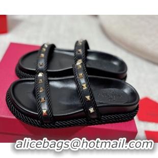 Classic Valentino Rockstud Flat Slides Sandal in Calfskin and Cord Black 2025 VLTN042801