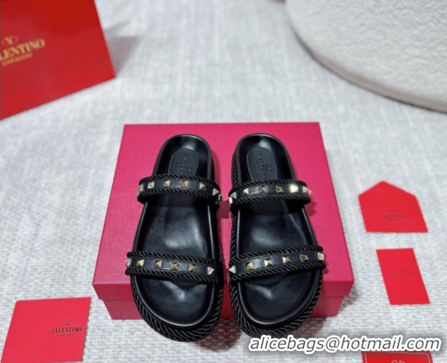Classic Valentino Rockstud Flat Slides Sandal in Calfskin and Cord Black 2025 VLTN042801