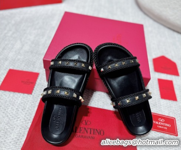 Classic Valentino Rockstud Flat Slides Sandal in Calfskin and Cord Black 2025 VLTN042801