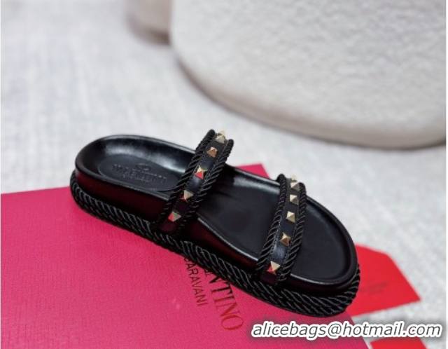 Classic Valentino Rockstud Flat Slides Sandal in Calfskin and Cord Black 2025 VLTN042801
