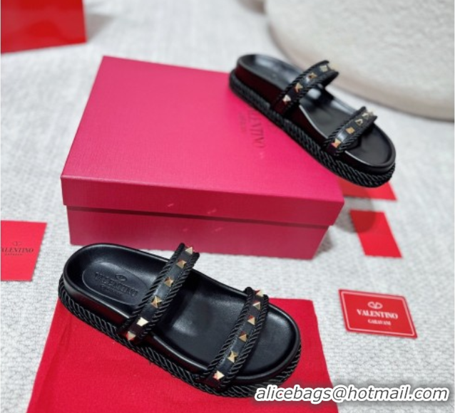 Classic Valentino Rockstud Flat Slides Sandal in Calfskin and Cord Black 2025 VLTN042801