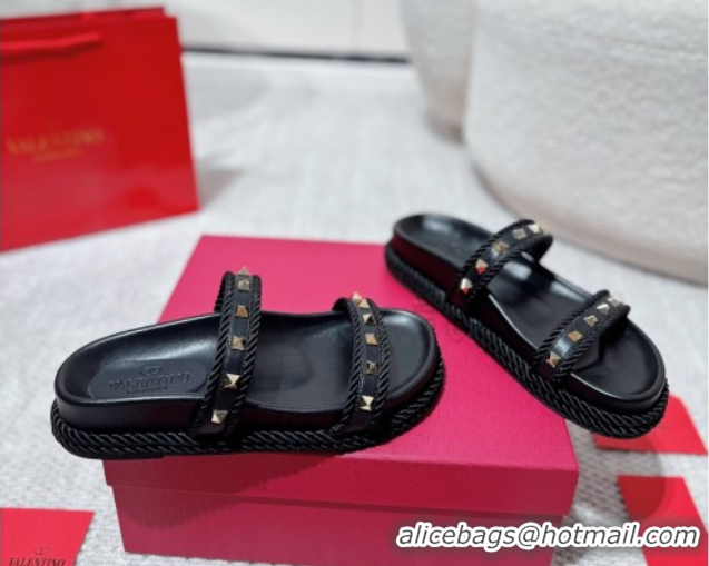Classic Valentino Rockstud Flat Slides Sandal in Calfskin and Cord Black 2025 VLTN042801