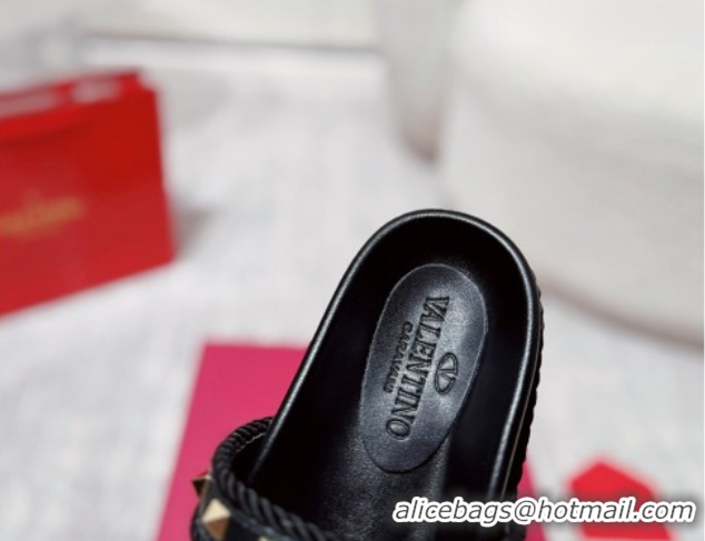 Classic Valentino Rockstud Flat Slides Sandal in Calfskin and Cord Black 2025 VLTN042801