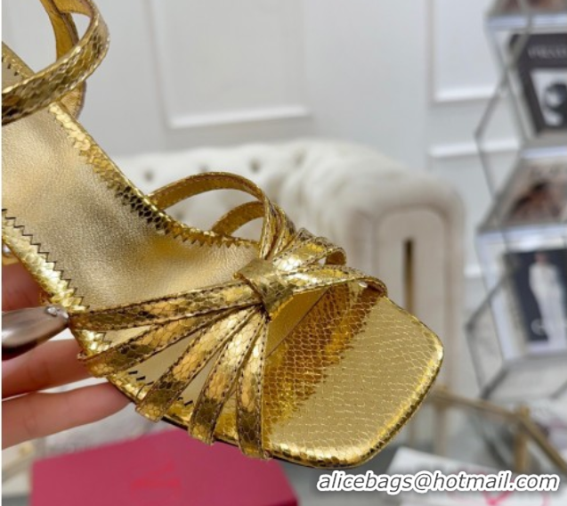 Durable Valentino Preshoes Heel Sandals 9cm in Laminated Snakeskin Embossed Leather Yellow Gold 0428006