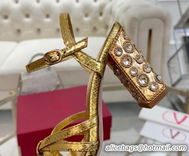 Durable Valentino Preshoes Heel Sandals 9cm in Laminated Snakeskin Embossed Leather Yellow Gold 0428006