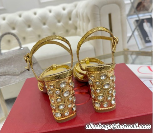 Durable Valentino Preshoes Heel Sandals 9cm in Laminated Snakeskin Embossed Leather Yellow Gold 0428006