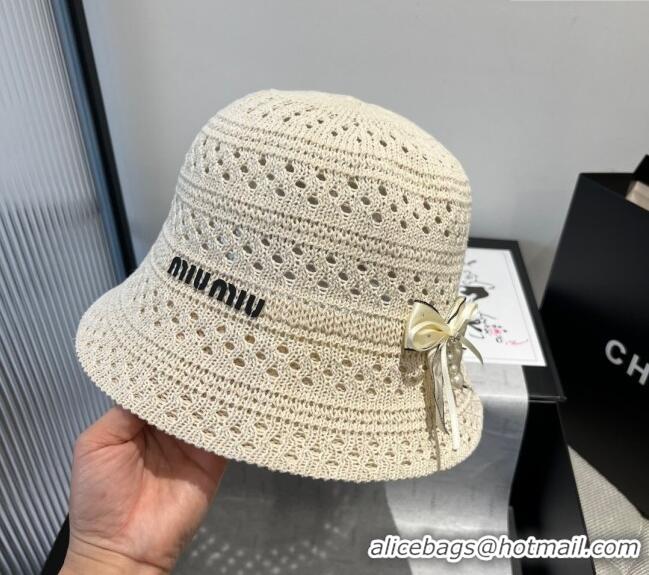 Top Grade Miu Miu Knit Bucket Hat with Bow M051402 White 2025