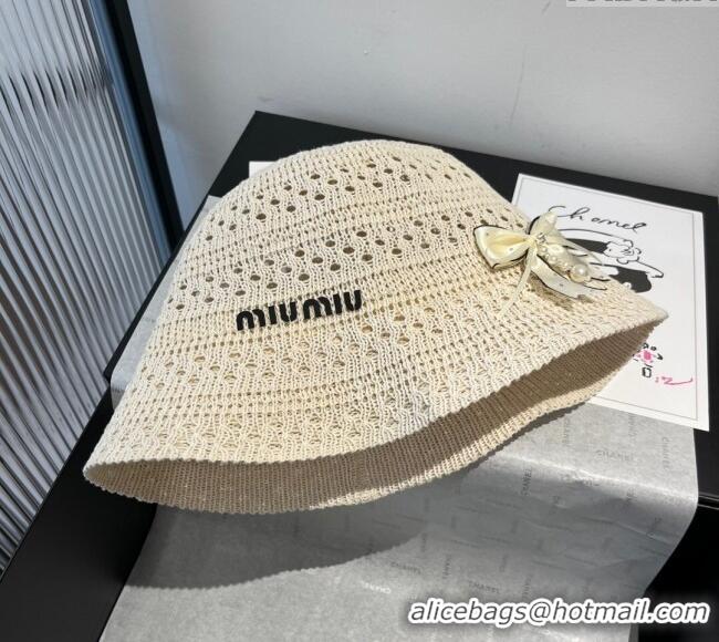 Top Grade Miu Miu Knit Bucket Hat with Bow M051402 White 2025