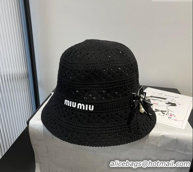Luxury Classic Miu Miu Knit Bucket Hat with Bow M051402 Black 2025