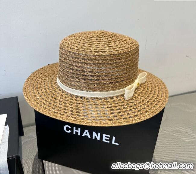Luxury Cheap Chanel Straw Wide Brim Hat CH051403 Khaki 2025