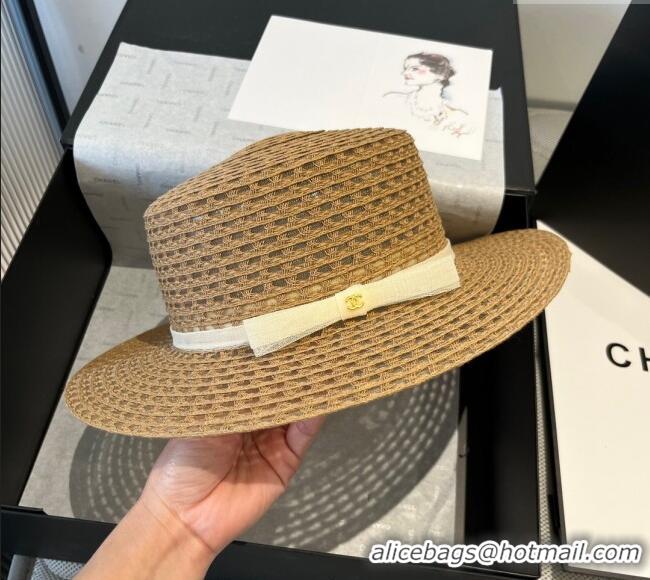 Luxury Cheap Chanel Straw Wide Brim Hat CH051403 Khaki 2025