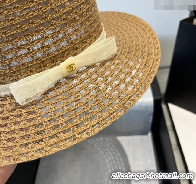 Luxury Cheap Chanel Straw Wide Brim Hat CH051403 Khaki 2025