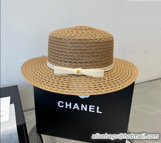Luxury Cheap Chanel Straw Wide Brim Hat CH051403 Khaki 2025