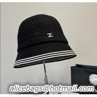 Free Shipping Cheap Chanel Straw Bucket Hat CH051404 Black 2025