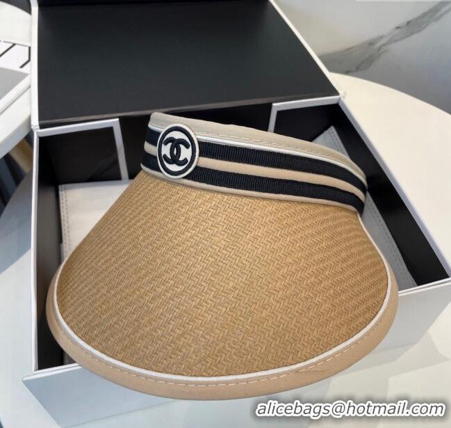 Top Design Chanel Straw Visor Hat with CC Patch 0514 Khaki 2025