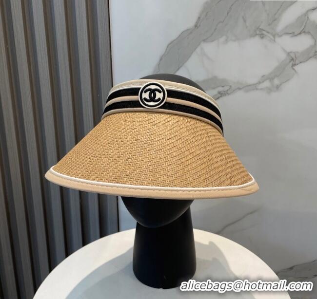 Top Design Chanel Straw Visor Hat with CC Patch 0514 Khaki 2025