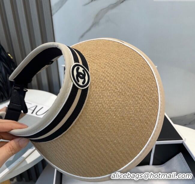 Top Design Chanel Straw Visor Hat with CC Patch 0514 Khaki 2025