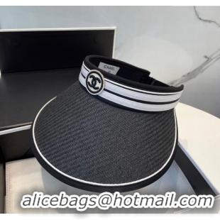 Luxury Cheap Chanel Straw Visor Hat with CC Patch 0514 Black 2025