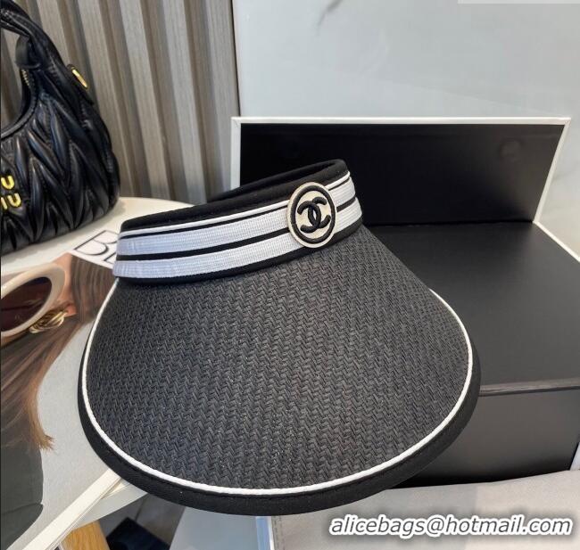Luxury Cheap Chanel Straw Visor Hat with CC Patch 0514 Black 2025