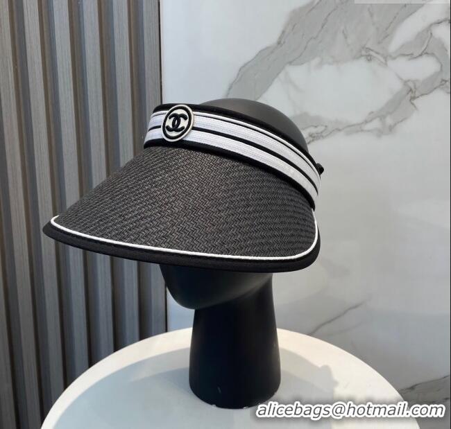 Luxury Cheap Chanel Straw Visor Hat with CC Patch 0514 Black 2025