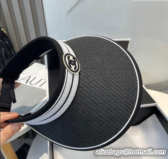 Luxury Cheap Chanel Straw Visor Hat with CC Patch 0514 Black 2025