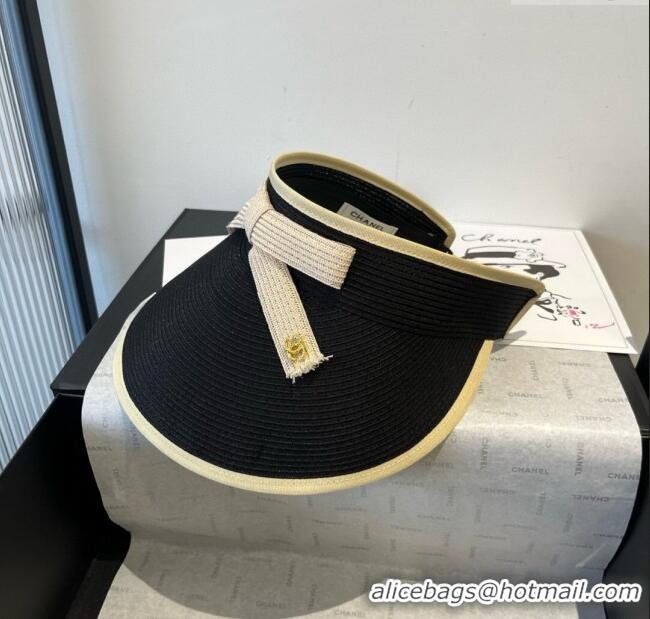 Luxury Cheap Chanel Straw Visor Hat with Bow 0514 Black 2025