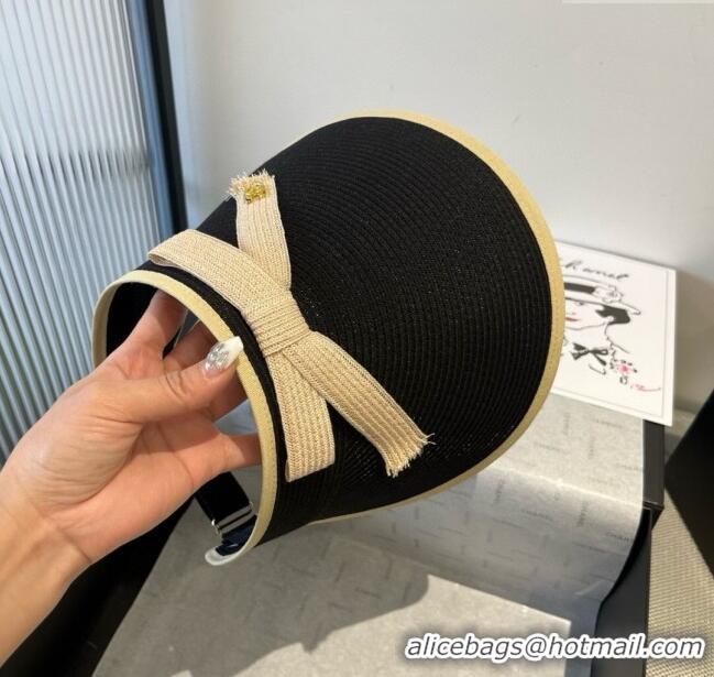 Luxury Cheap Chanel Straw Visor Hat with Bow 0514 Black 2025