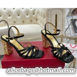 Popular Style Valentino Preshoes Heel Sandals 9cm in Laminated Snakeskin Embossed Leather Black 0428007