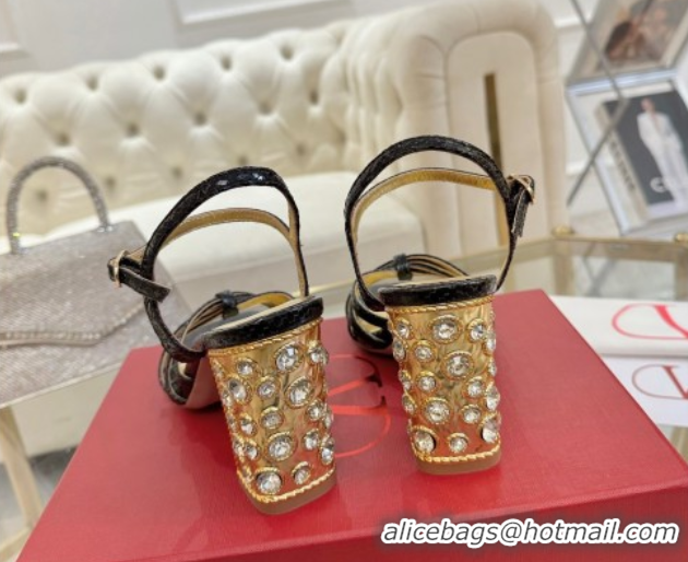 Popular Style Valentino Preshoes Heel Sandals 9cm in Laminated Snakeskin Embossed Leather Black 0428007