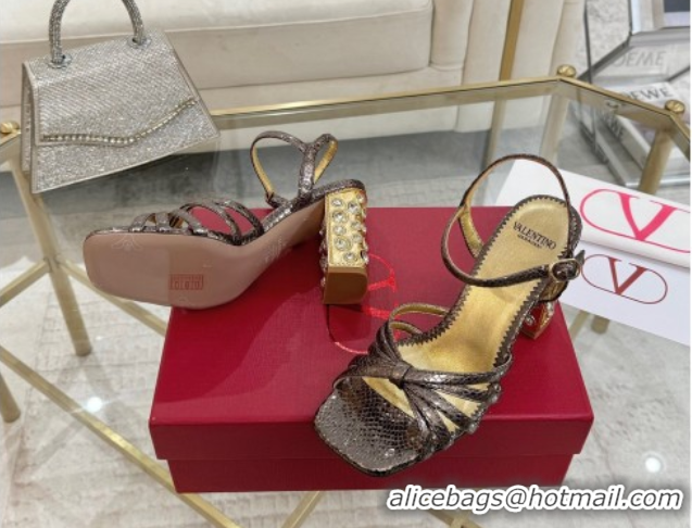 Duplicate Valentino Preshoes Heel Sandals 9cm in Laminated Snakeskin Embossed Leather Aged Bronze 0428008