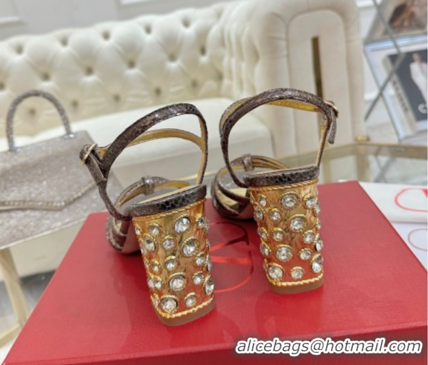Duplicate Valentino Preshoes Heel Sandals 9cm in Laminated Snakeskin Embossed Leather Aged Bronze 0428008
