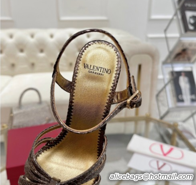 Duplicate Valentino Preshoes Heel Sandals 9cm in Laminated Snakeskin Embossed Leather Aged Bronze 0428008