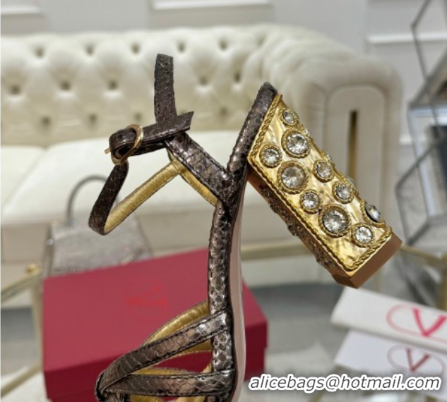 Duplicate Valentino Preshoes Heel Sandals 9cm in Laminated Snakeskin Embossed Leather Aged Bronze 0428008