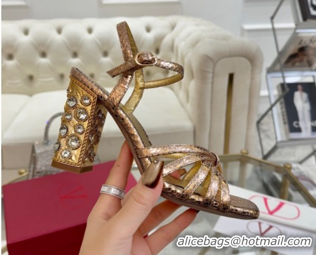 Classic Hot Valentino Preshoes Heel Sandals 9cm in Laminated Snakeskin Embossed Leather Rose Gold 0428009