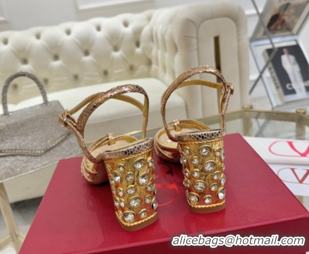 Classic Hot Valentino Preshoes Heel Sandals 9cm in Laminated Snakeskin Embossed Leather Rose Gold 0428009