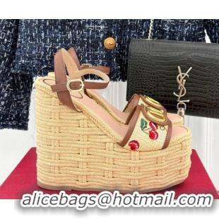 Purchase Valentino VLogo Signature Cherryfic Wedge Sandals 12cm in Jacquard Synthetic Raffia and Rope Brown 0428014