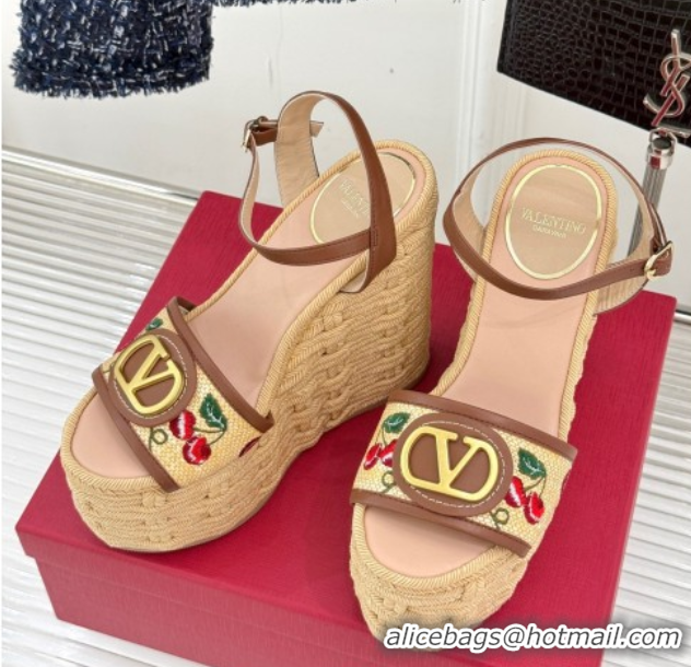 Purchase Valentino VLogo Signature Cherryfic Wedge Sandals 12cm in Jacquard Synthetic Raffia and Rope Brown 0428014