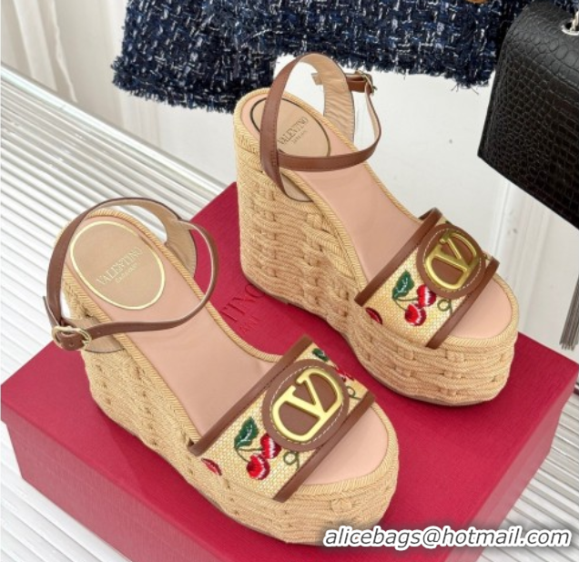 Purchase Valentino VLogo Signature Cherryfic Wedge Sandals 12cm in Jacquard Synthetic Raffia and Rope Brown 0428014