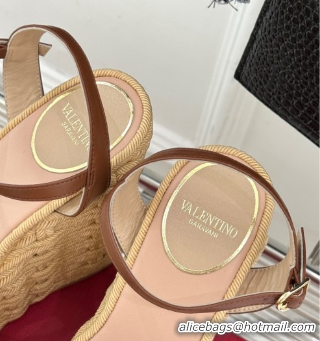 Purchase Valentino VLogo Signature Cherryfic Wedge Sandals 12cm in Jacquard Synthetic Raffia and Rope Brown 0428014