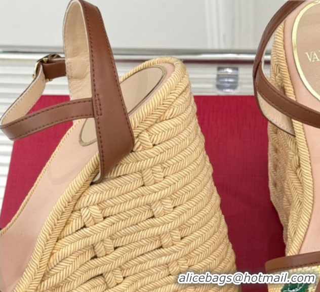 Purchase Valentino VLogo Signature Cherryfic Wedge Sandals 12cm in Jacquard Synthetic Raffia and Rope Brown 0428014