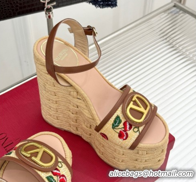 Purchase Valentino VLogo Signature Cherryfic Wedge Sandals 12cm in Jacquard Synthetic Raffia and Rope Brown 0428014