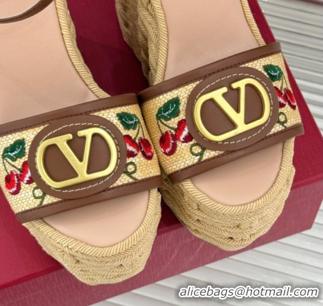 Purchase Valentino VLogo Signature Cherryfic Wedge Sandals 12cm in Jacquard Synthetic Raffia and Rope Brown 0428014