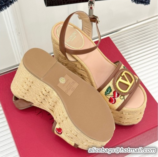 Purchase Valentino VLogo Signature Cherryfic Wedge Sandals 12cm in Jacquard Synthetic Raffia and Rope Brown 0428014