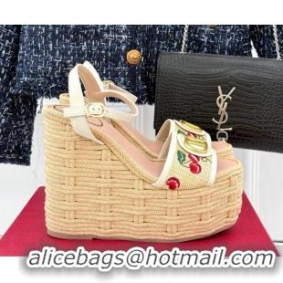 Top Grade Valentino VLogo Signature Cherryfic Wedge Sandals 12cm in Jacquard Synthetic Raffia and Rope White 0428015