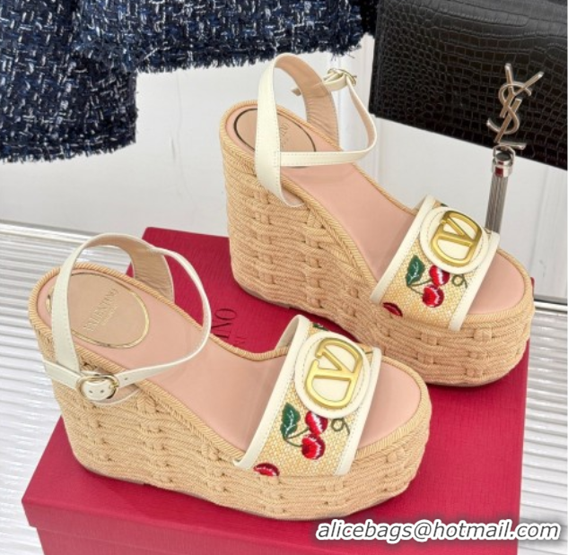 Top Grade Valentino VLogo Signature Cherryfic Wedge Sandals 12cm in Jacquard Synthetic Raffia and Rope White 0428015