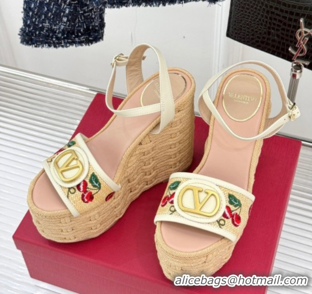 Top Grade Valentino VLogo Signature Cherryfic Wedge Sandals 12cm in Jacquard Synthetic Raffia and Rope White 0428015