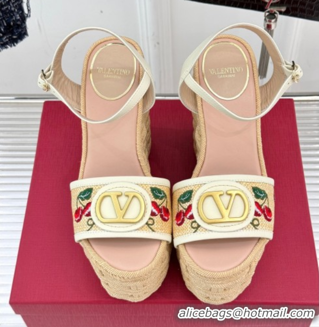 Top Grade Valentino VLogo Signature Cherryfic Wedge Sandals 12cm in Jacquard Synthetic Raffia and Rope White 0428015
