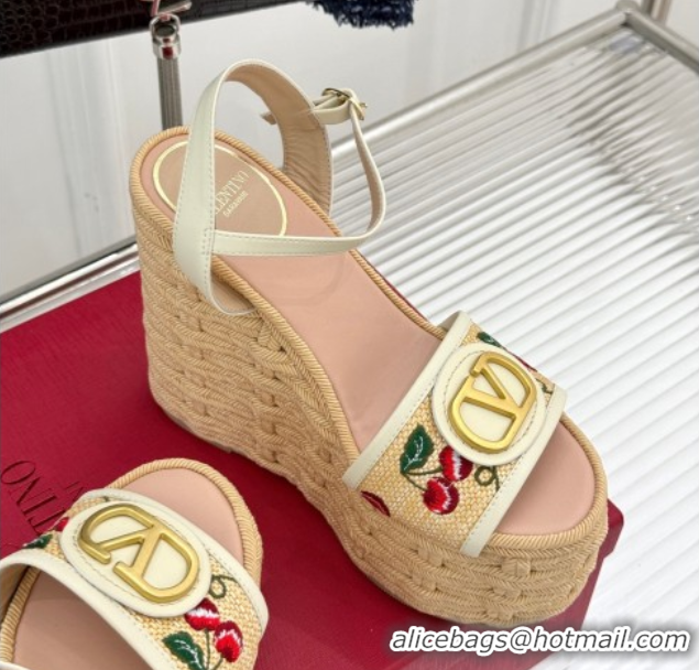 Top Grade Valentino VLogo Signature Cherryfic Wedge Sandals 12cm in Jacquard Synthetic Raffia and Rope White 0428015